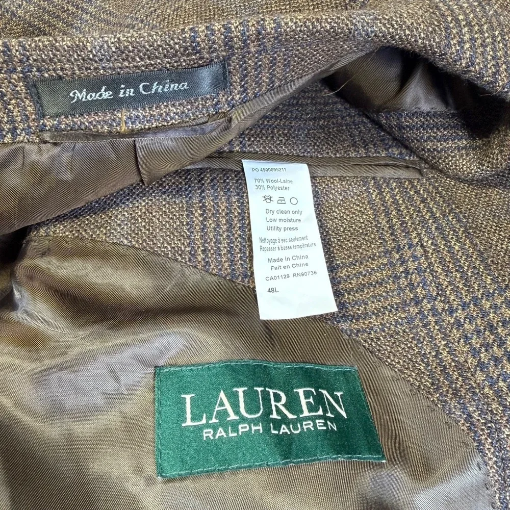 Ralph Lauren Brown Glen Plaid Wool Blend Sport Coat Natural Stretch Men's‎ 48L
